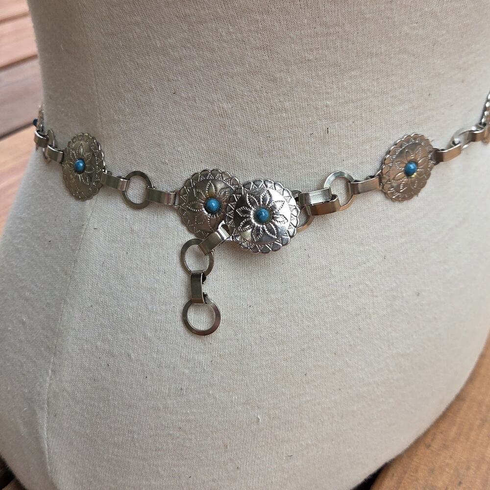 Vintage Silver Tone Floral Concho Chain Belt | Turquoise Western Boho Small - Picture 2 of 6